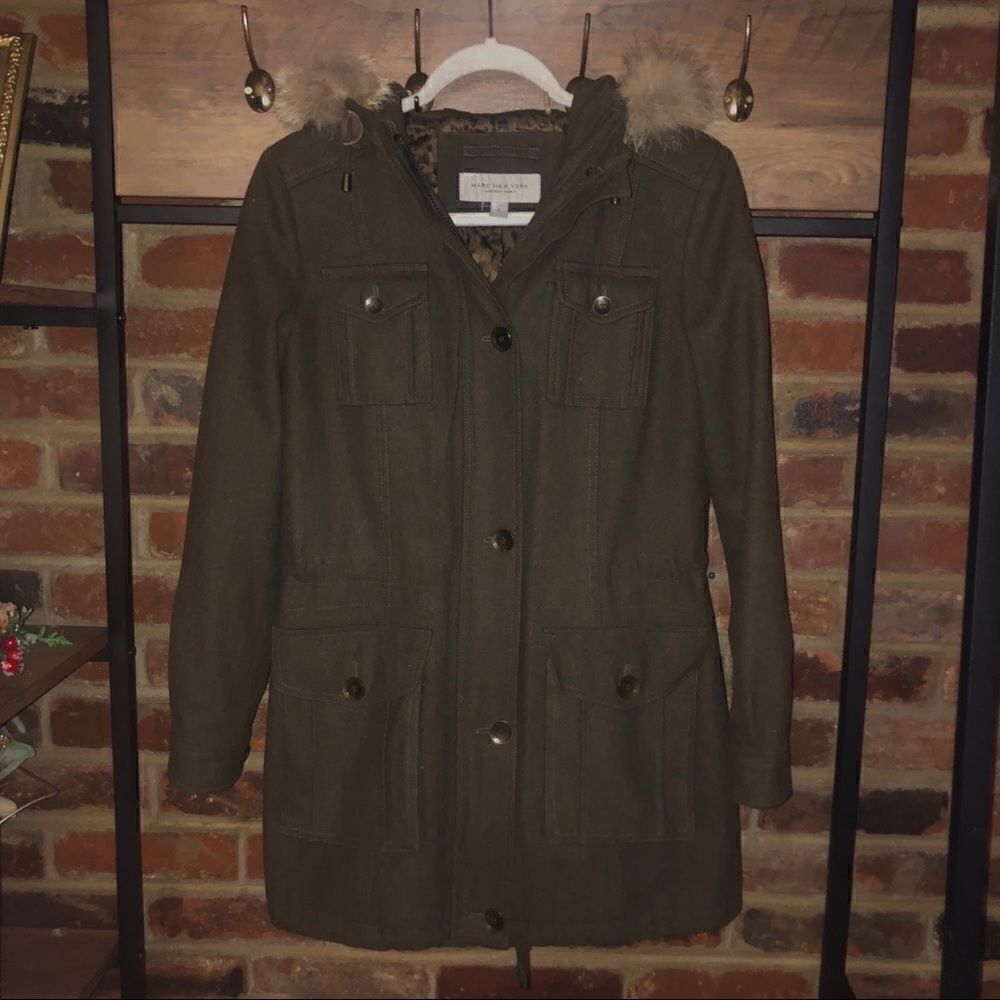 Marc New York Army Green Wool Jacket w/ Fur Hood - Sz 2